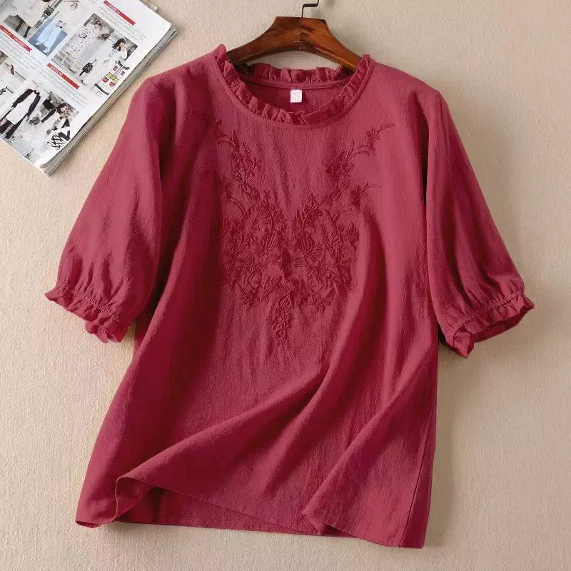Fashion Thin Cotton Linen Y2k Tops Tee Women Clothing Summer Loose T Shirts Woman Embroidered T-shirt Blusa Casual Ladies tshirt