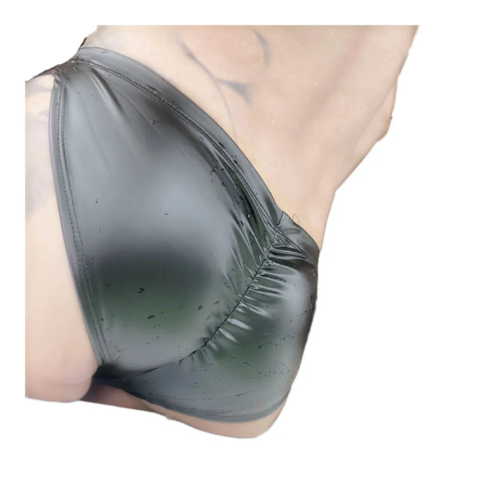Underpants Men Swimming Briefs Faux Leather M-3XL Size Glossy Low Rise U Pouch Water Proof Swim Shorts Trunks