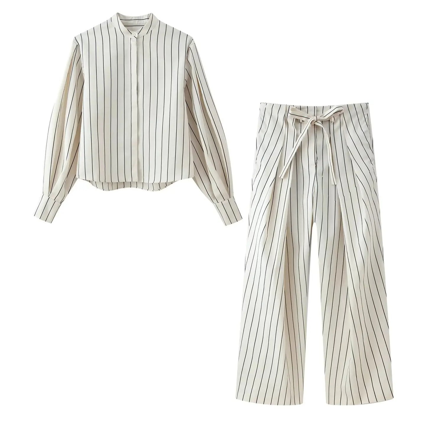 KONDALA Chic Spring Casual Striped Women Suit Single Breasted Loose Shirt+ Lace-up Wide Leg Long Pants Fashion 2026 Female Suit