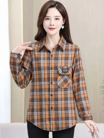 Loose Long Sleeve Mom Shirt Women's New Style Slimming Age-Defying Outerwear Versatile Early Autumn Plaid Outfit  Collar