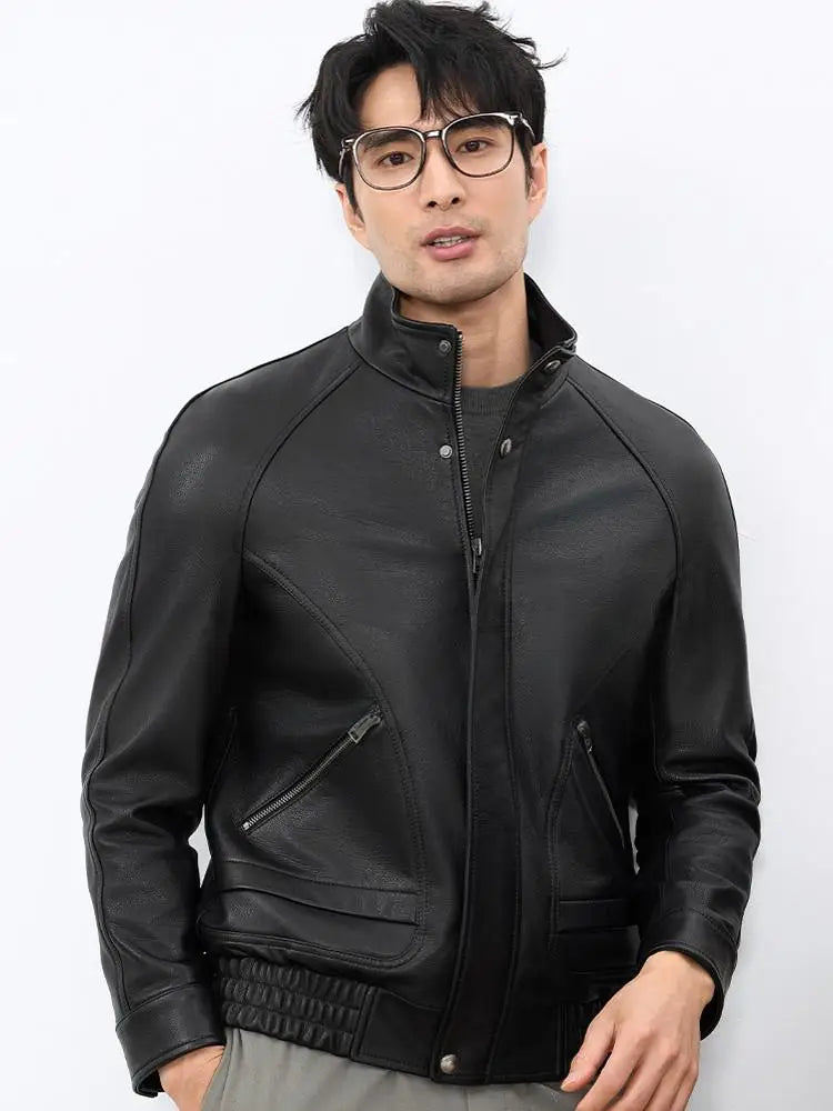 New Designer Men Natural Real Sheepskin Jacket Stand Collar Business Work Soft Genuine Leather Jacket Zip Casual Punk Style Coat