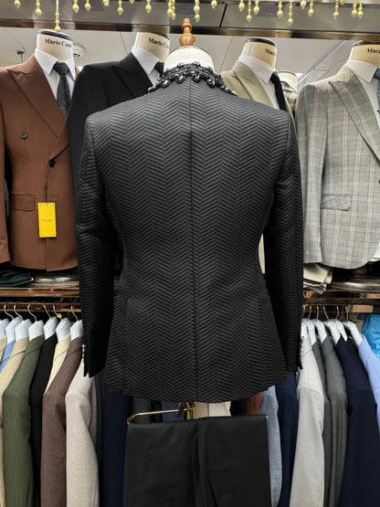 Gorgeous Sparkly Beaded Men's Suit Set 3 Pieces Banquet Party Wear,Black Jacquard Slim Fit Suits For Men Wedding Groom Sets