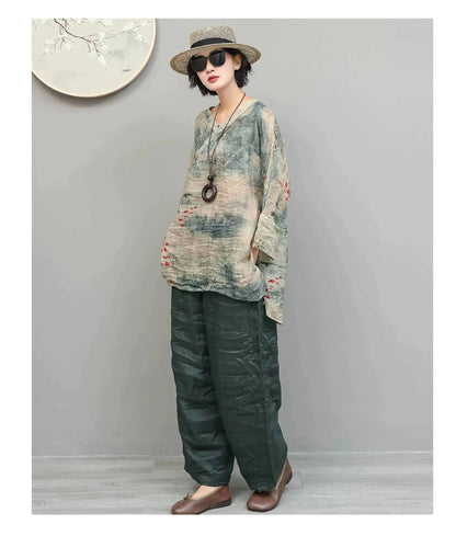 Artistic Ramie Suit Women Summer Printed Lightweight V-neck Mid-length Top + Loose Pants Two-piece Set XY307