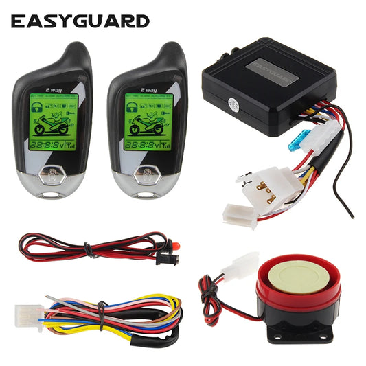 EASYGUARD 2 Way Motorcycle Alarm Kit Remote Engine Start Shock Sensor Motion Sensor Emergency Disarm LCD Display Anti Hijacking