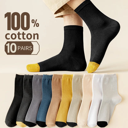 10 pairs of 100% cotton socks, men's four season striped midsole, sweat absorbing, breathable sports cotton socks