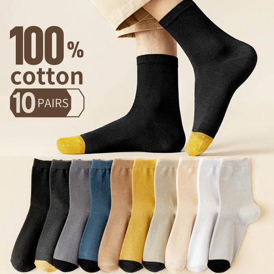 10 pairs of 100% cotton socks, men's four season striped midsole, sweat absorbing, breathable sports cotton socks