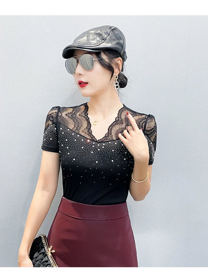 2026 Summer Women Tops New Korean Fashion Diamond Mesh T Shirt V-neck Short Sleeved Patchwork Lace Shirt