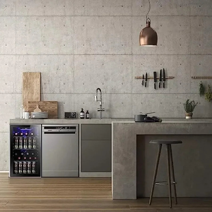 26 Bottle 130 Can Wine Cooler/Cabinet Beverage Refrigerator Mini Wine Cellar Beer Soda Clear Glass Door Bar Fridge Quiet Compre