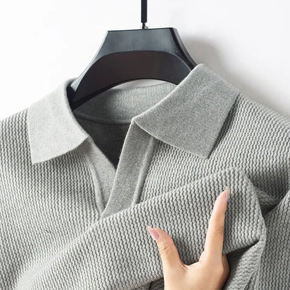 New Men's Shirt Collar Sweater, Business Slim Cashmere Textile Polo Top, Gentleman Thickened Warm and Simple Fashion Pullover