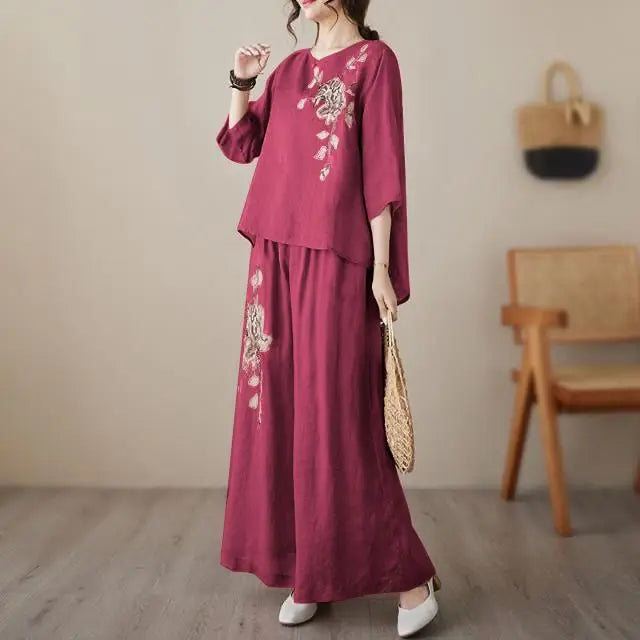 plus Size Women's Retro Cotton Linen Set Wide Leg Pants Slimming Mom Two Piece Suit Spring Fashion Korean Style Commute Wear