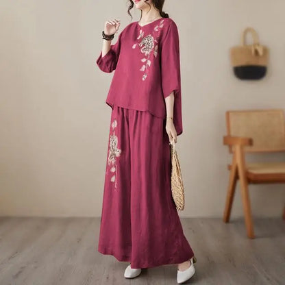 plus Size Women's Retro Cotton Linen Set Wide Leg Pants Slimming Mom Two Piece Suit Spring Fashion Korean Style Commute Wear