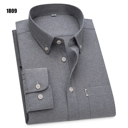 Men's 100% Pure Cotton Oxford Solid Long Sleeve Shirts Business Social Formal Shirts Male Single Pocket Designer Classic Clothes
