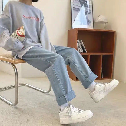 Thickened Fleece Straight Leg Jeans Women Winter New Small Size Wide Leg Cotton Elastic Waist Autumn Winter Pants