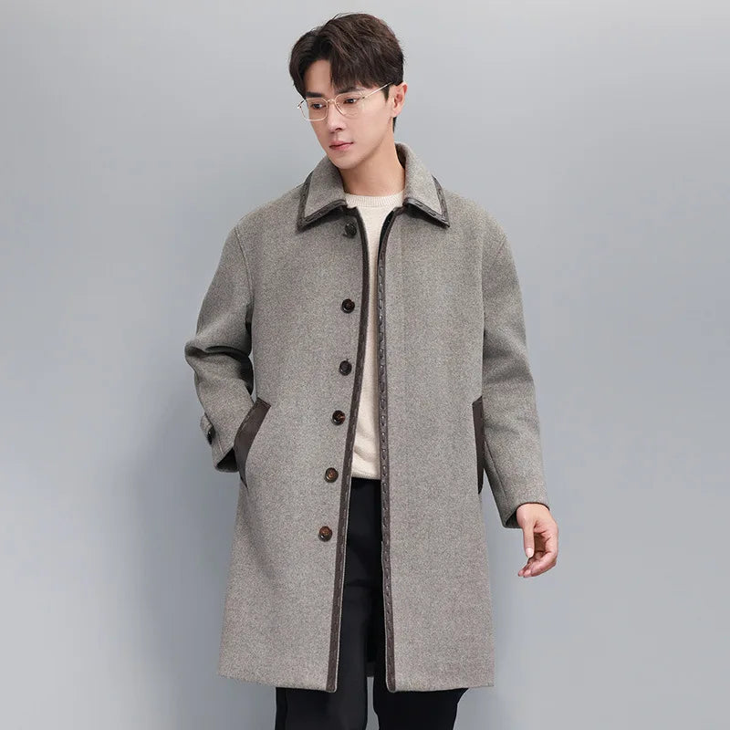 YOLANFAIRY Korean High-end Cashmere Coats for Men Autumn Winter Mid-length 95% Wool Trench Coat Spliced Sheepskin Leather Jacket