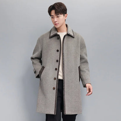 YOLANFAIRY Korean High-end Cashmere Coats for Men Autumn Winter Mid-length 95% Wool Trench Coat Spliced Sheepskin Leather Jacket