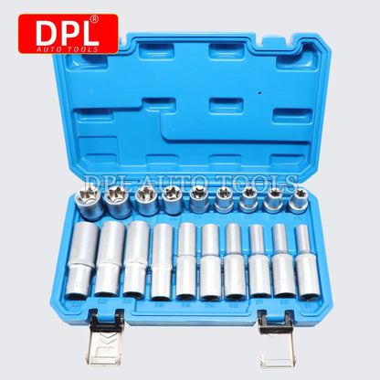 19 Pcs E Torx Star Deep Long Socket Set 1/2in Drive for Car Short and Long Hexagonal Sockets