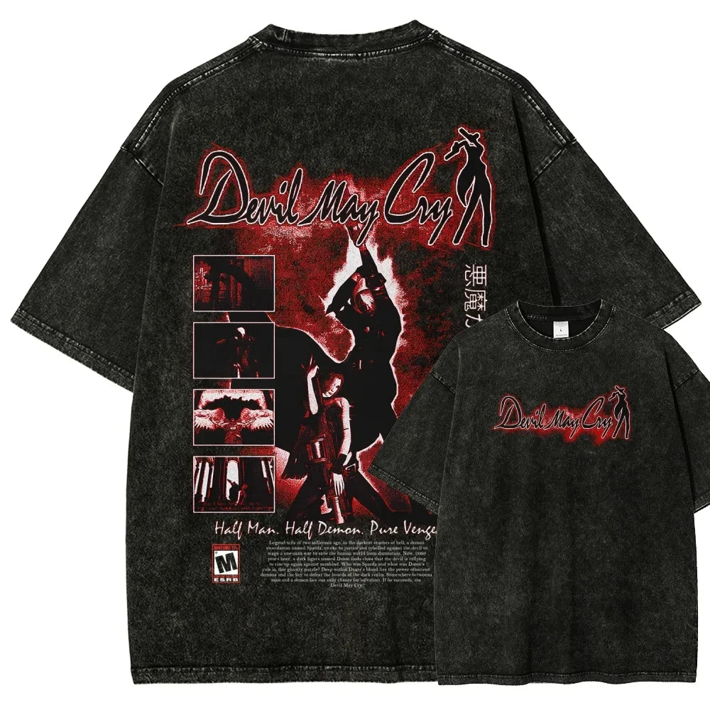 Classic Retro Game Devil May Cry Hot Sale Peripherals Print T-shirt Men Women New Streetwear Style Tee Vintage Washed Cotton Top