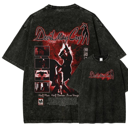 Classic Retro Game Devil May Cry Hot Sale Peripherals Print T-shirt Men Women New Streetwear Style Tee Vintage Washed Cotton Top