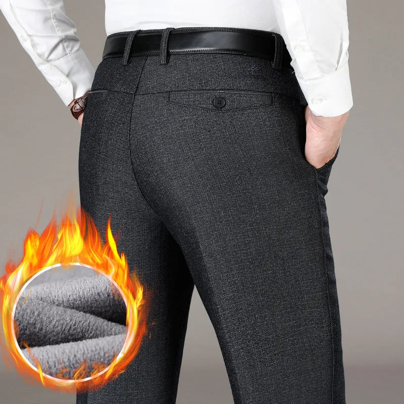 Warm Fleece Black Winter Casual Pants Men Clothing Flat Business Suit Trousers for Men Autumn Straight Formal Dress Pants 2022