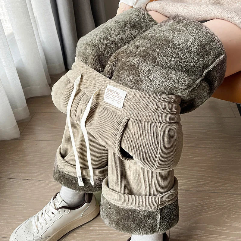 Lamb Velvet Wide Leg Pants Women's High Waist Thickened Fleece Corduroy Warm Cotton Pants Casual Straight Leg Trousers