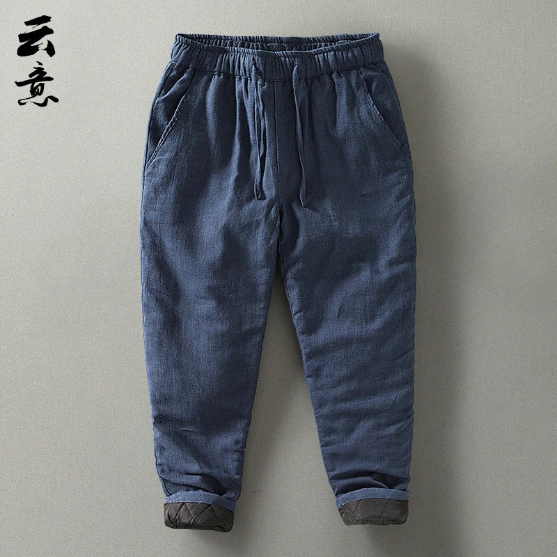 Men's Winter Thickened Cotton Linen Casual Pants Loose Fit Thermal Long Trousers Traditional Chinese Style Warm Cotton Padded