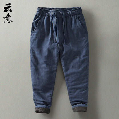 Men's Winter Thickened Cotton Linen Casual Pants Loose Fit Thermal Long Trousers Traditional Chinese Style Warm Cotton Padded