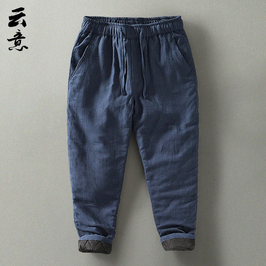Men's Winter Thickened Cotton Linen Casual Pants Loose Fit Thermal Long Trousers Traditional Chinese Style Warm Cotton Padded