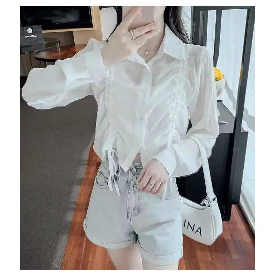 Women Blouse Drawstring Sunscreen Short Tops Long Sleeve Shirts Lightweight Outerwear Spring Summer Jacket Trend Buttons Shirts