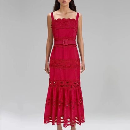 TWOTWINSTYLE Solid Hollow Out Elegant Dresses for Women Square Neck Sleeveless Patchwork Lace Dress Female Fashion Clothing New