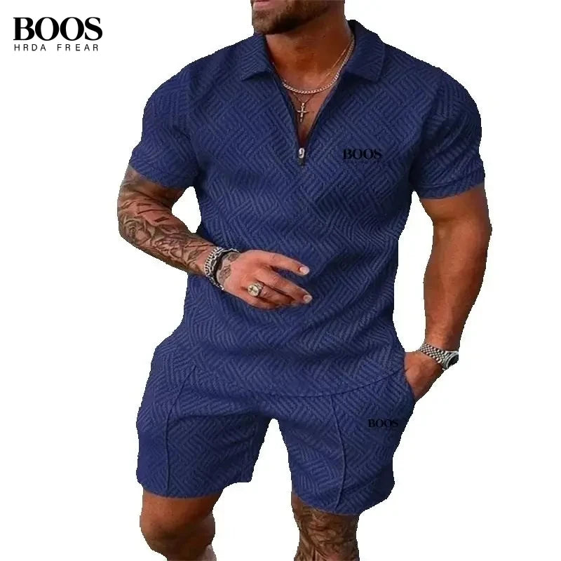 Summer Men's High-Quality Half Zipper Polo Shirt+Casual Shorts Set, Outdoor Sports and Leisure Beach Two-Piece Set