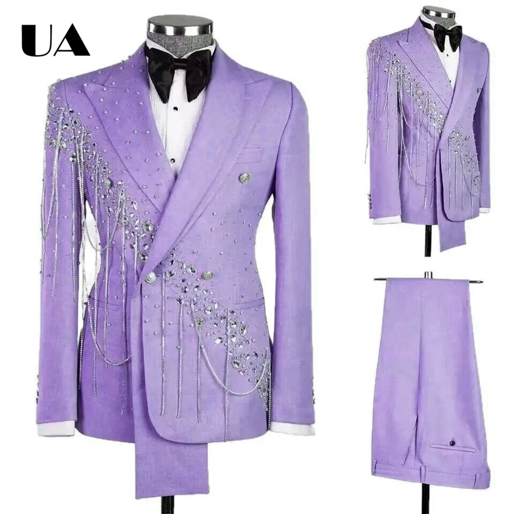 Lilac Wedding Suit for Groom, Rhinestones Tassels 2-Piece Suit Set, XXS-7XL Big & Tall Man Suit Attire Slim Fitting Tuxedo