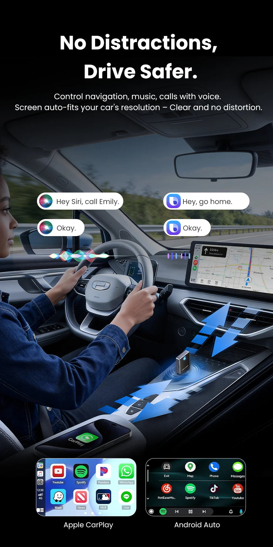 Vention 2in1 Wireless CarPlay Adapter Android Auto For OEM Car Plug and Play AI Smart Box WiFi Bluetooth Auto Connection