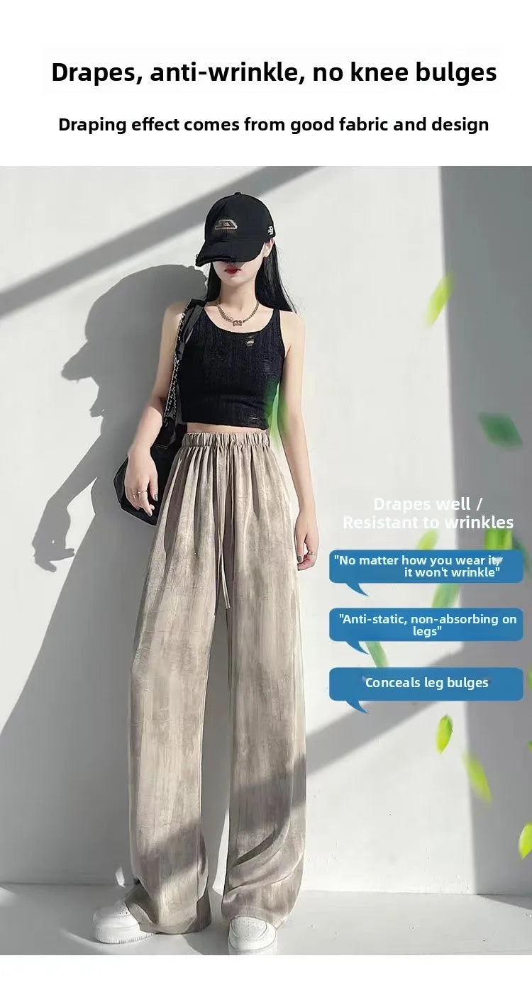 Summer Thin Ice Silk Satin Dyed Wide Leg Pants Women Loose Casual Drape High Waist Slimming Pants Ins Straight Leg Elastic Wa...