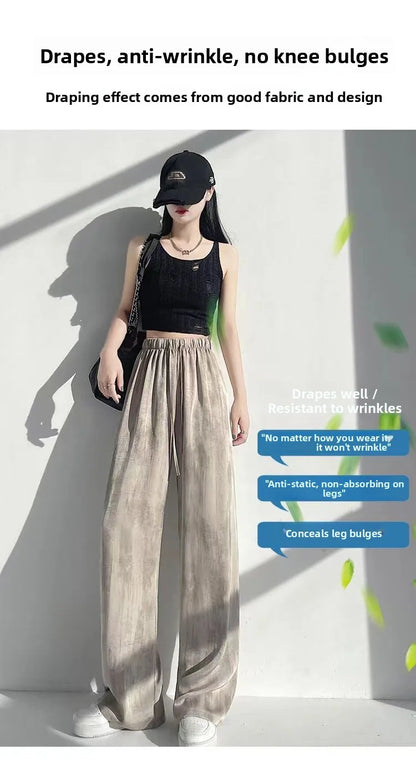 Summer Thin Ice Silk Satin Dyed Wide Leg Pants Women Loose Casual Drape High Waist Slimming Pants Ins Straight Leg Elastic Wa...