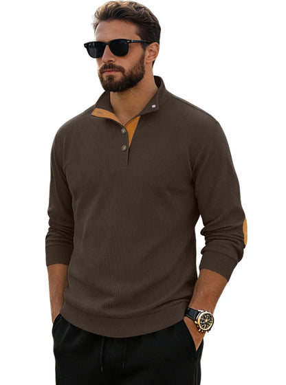 Men‘s Corduroy Button Up Pullover Stand Collar Contrast Elbow Patch Casual Top 2026