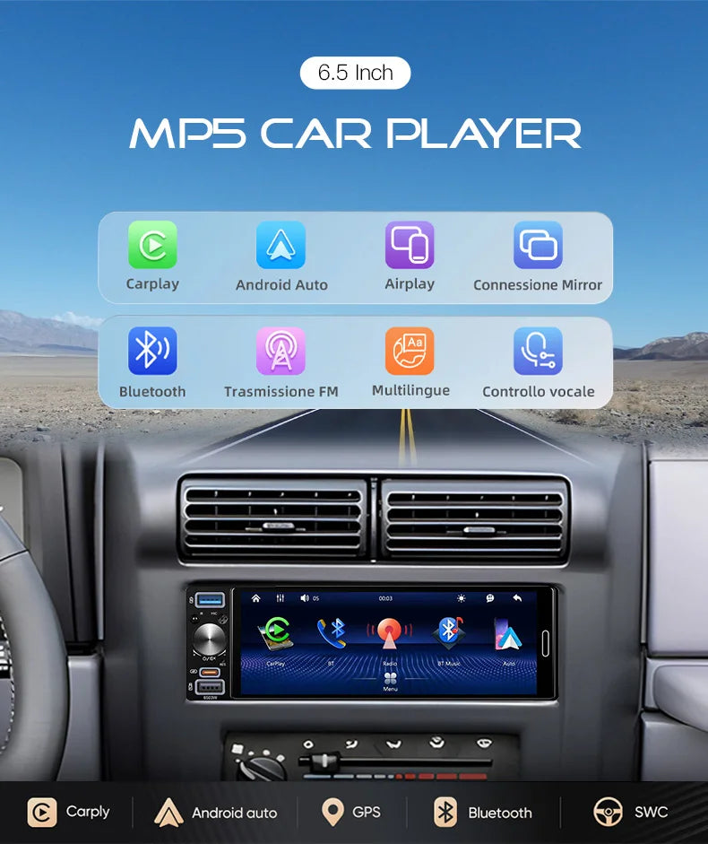 6.5 Inch 1Din Car Radio Carplay Android Auto Mirrorlink Bluetooth FM/AM EQ AUX Touch Screen Universal Autoradio Stereo MP5