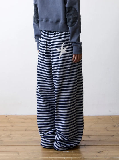 Unique Street Style Korean Lazy Star Embroidery Striped Sweatpants Casual Sporty Long Trousers for Women Straight Leg Pants
