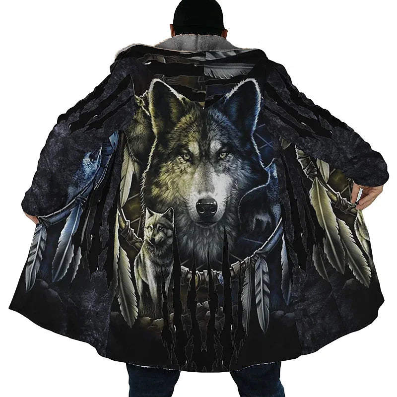 Men's Winter Jacket Wolf 3D Print Thick Warm Zipped Hoodie Male Coat Cape Robe Overcoat Parkas Invierno Hombre Blanket
