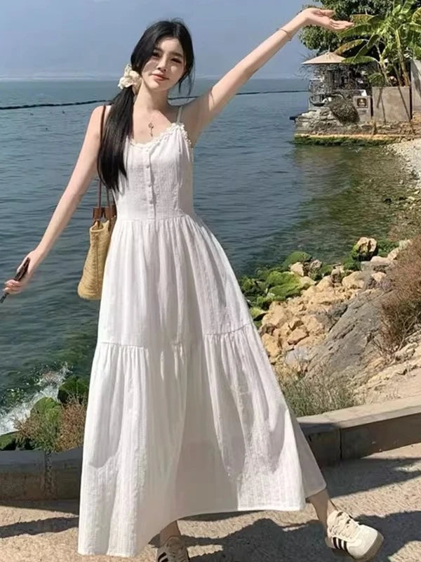Slimming White Strapless Long Dress Simple French Style A-Line Midi Dress Women's Summer Fashion Sensation Waist-Cinching Dress