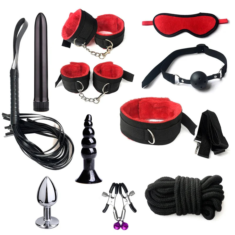 Sex Bondage Set Plush Sex Toy BDSM Kits for Women Couples Adult Games Adjustable Handcuffs Ankle Whip Gag Nipple Clamps Toys