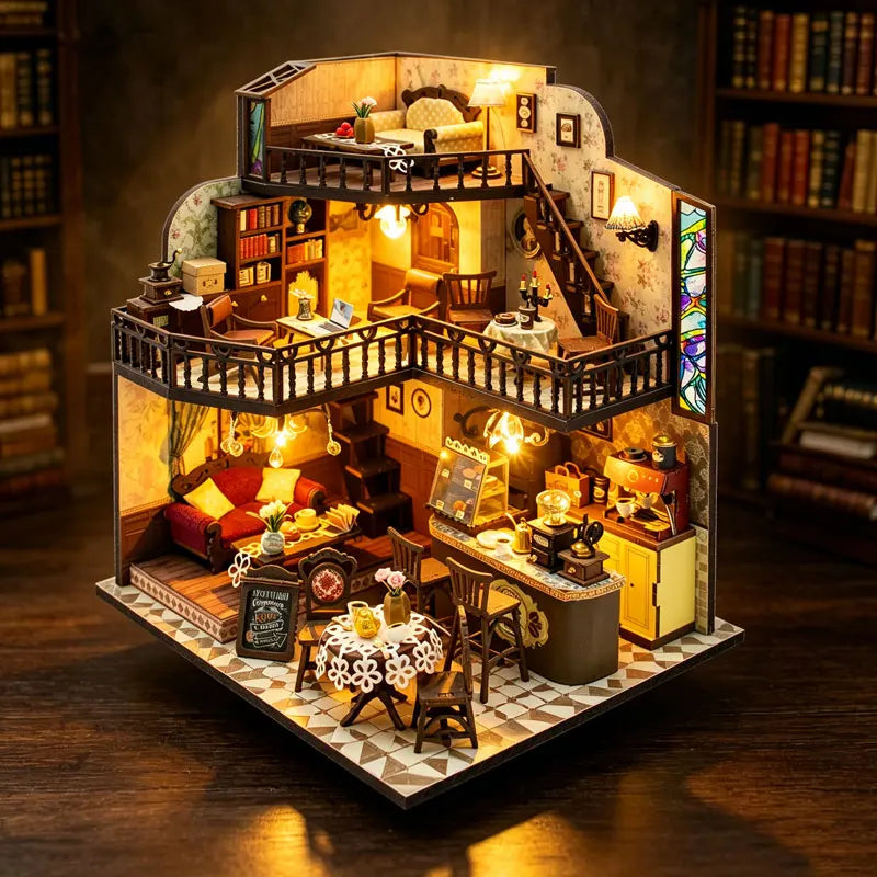 Zuuton Retro Coffee House DIY Miniature Dollhouse Kit 3D Wooden Puzzle Loft Building Kit with LED Light and Full Furniture Gifts