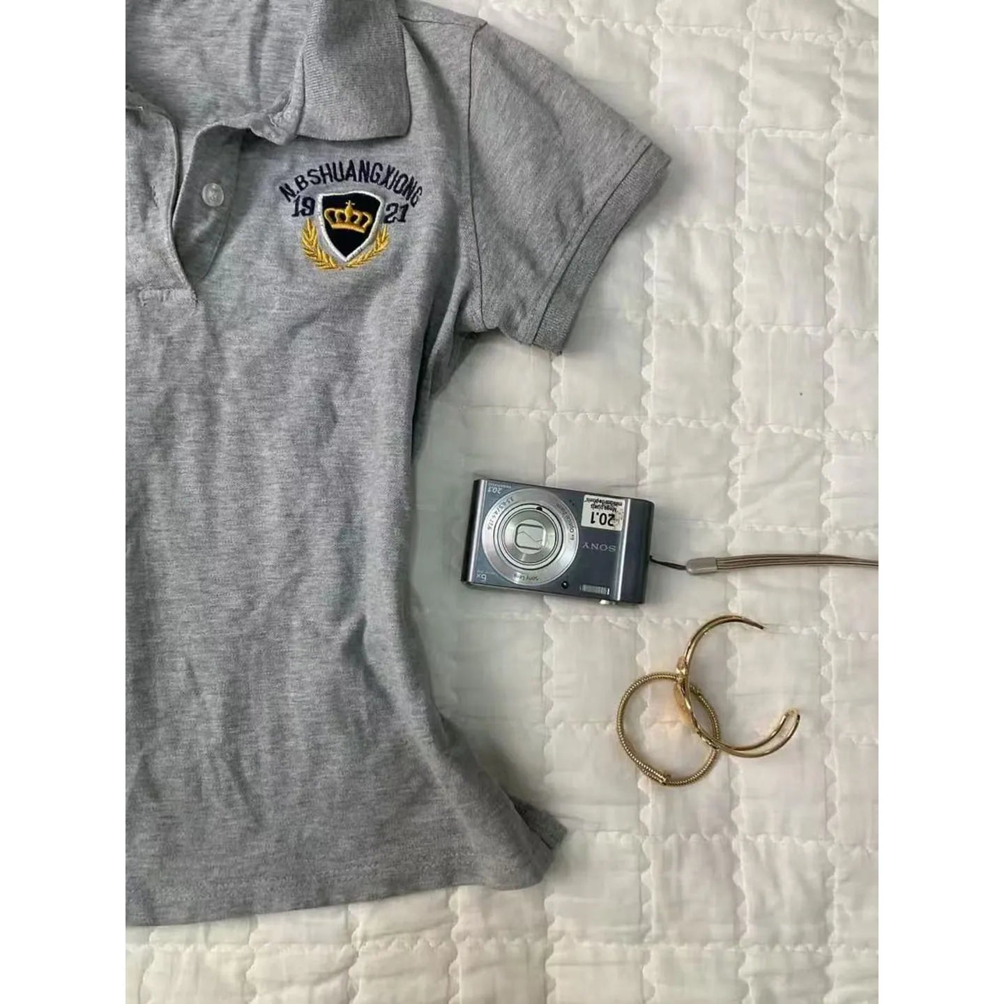 Retro American Grey  Collar Short Sleeve Slim Fit Waist Cinched T-Shirt Women Summer New Style Vintage Vintage Vintage