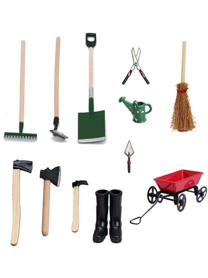 1Set 1:12 Dollhouse Miniature Farm Tool Ax Shovel Pull Cart Broom Boots Watering Can Garden Decor Toy Doll House Accessories