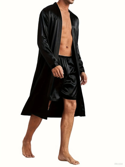 Autumn Men's Black Robe with Pockets Summer V-Neck Nightgown Long Sleeve Sleepwear with Belt Detail + Shorts Loungewear Set