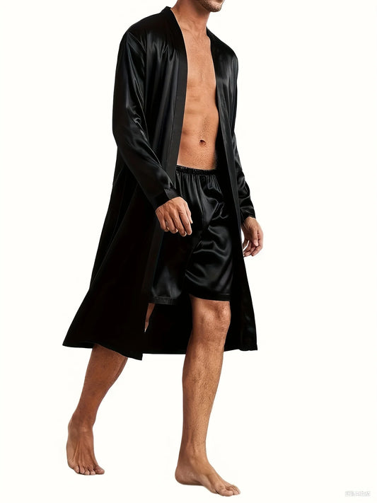 Autumn Men's Black Robe with Pockets Summer V-Neck Nightgown Long Sleeve Sleepwear with Belt Detail + Shorts Loungewear Set