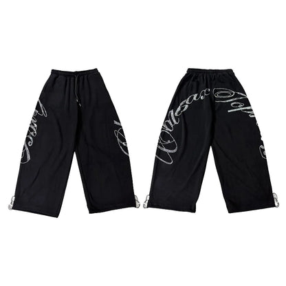 ROKBBK-K Glitter High Waist Wide Leg Pants Women's Street Dance Casual Loose Fashion Cotton Drill Lettering Trousers