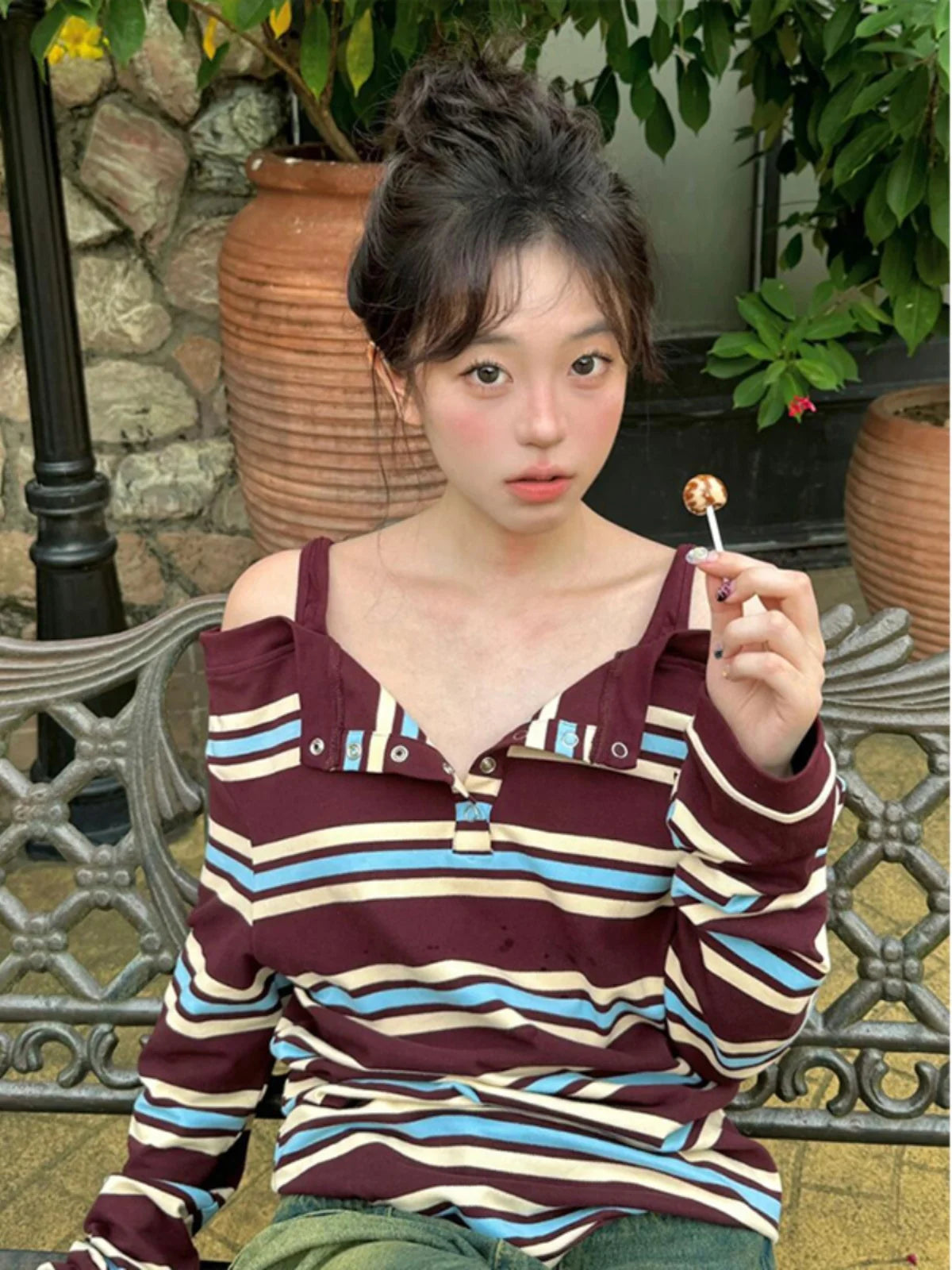 plus Size Women's Autumn Long Sleeve Striped T-Shirt Slimming Stylish Trendy Girl Style Top V-Neck Regular Thickness