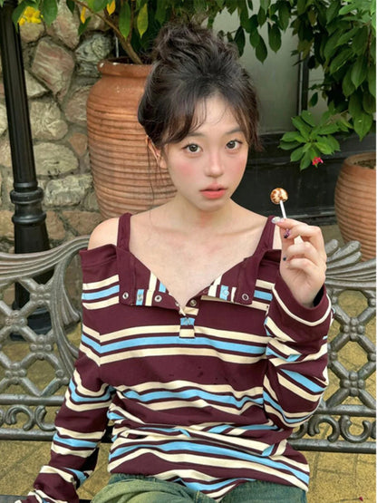 plus Size Women's Autumn Long Sleeve Striped T-Shirt Slimming Stylish Trendy Girl Style Top V-Neck Regular Thickness