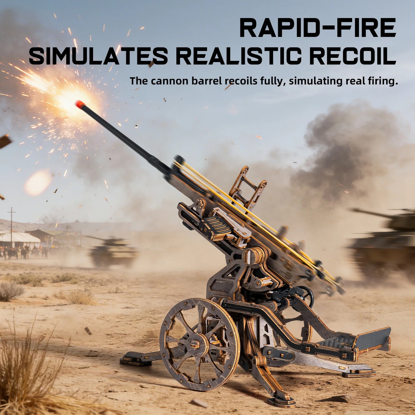ROKR Anti-aircraft Gun Wooden 3D Puzzle Mechanical Rubber Band Shooting Model Building Kit 133-Piece Puzzle Toys for Desktop Decor Gift for Adults Kids