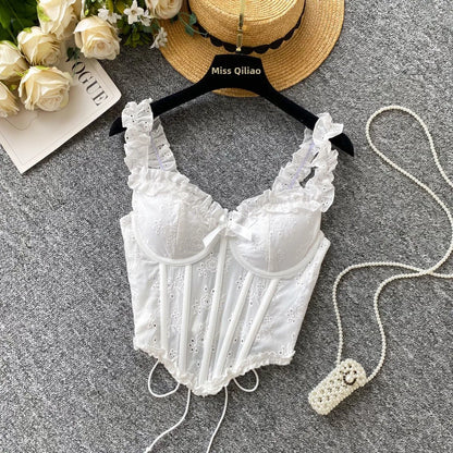 Sweet Heavy Embroidery Hollow out Strap Vest Women Summer Pure Desire Spicy Fibone Slimming Top Women's Faion Outfit
